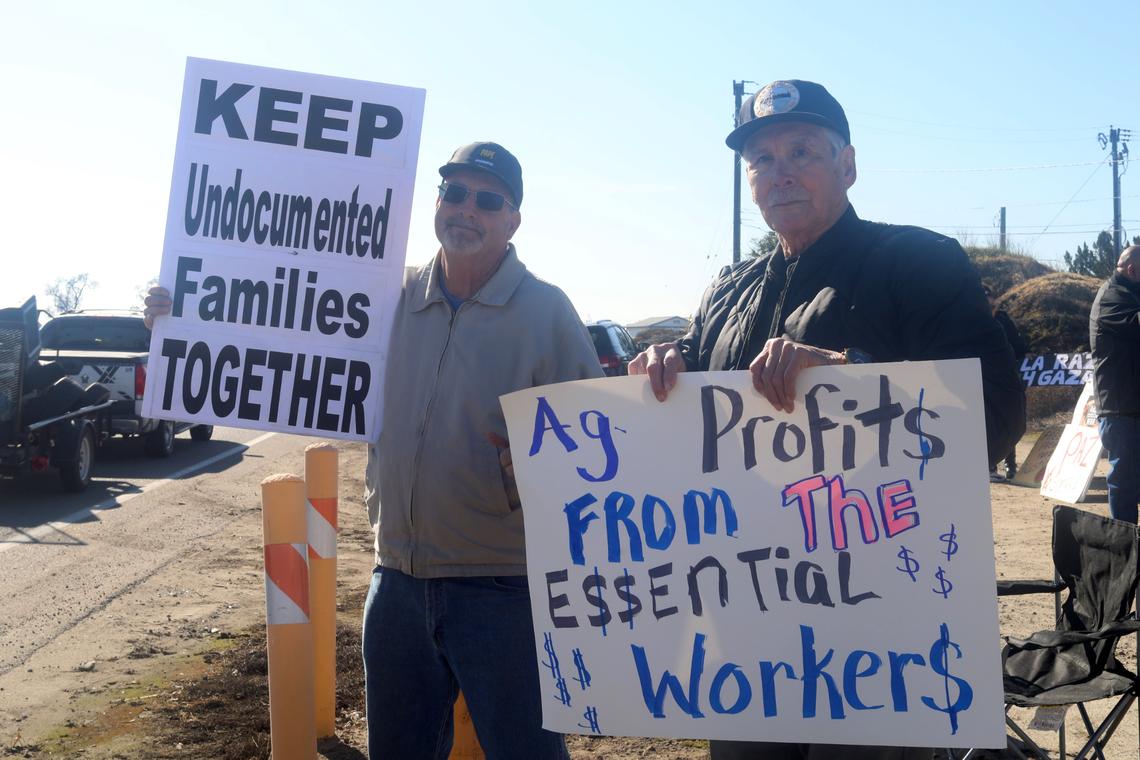 A couple of dozen people holding banners that read ‘Stop Deporting Workers” or “End Harmful Immigration detention policies” showed up to support immigrant farmworkers at the corner of South Laspina Street and East Paige Avenue as Ag show attendees drove by to the annual World Ag Expo on Tuesday.