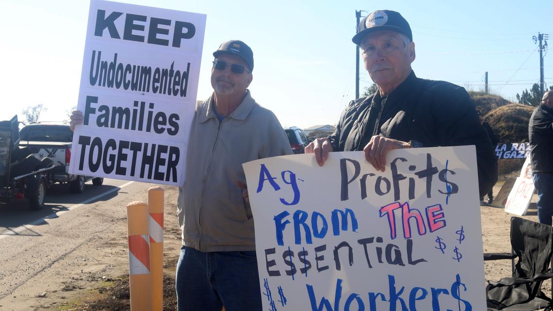A couple of dozen people holding banners that read ‘Stop Deporting Workers” or “End Harmful Immigration detention policies” showed up to support immigrant farmworkers at the corner of South Laspina Street and East Paige Avenue as Ag show attendees drove by to the annual World Ag Expo on Tuesday.