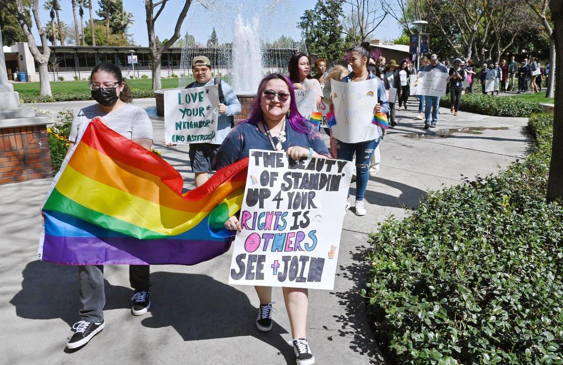 Approximately 60 students, staff and organizers participated in a march and demonstration at Fresno Pacific University advocating for LGBTQ+ students’s rights and recognition, organized by Birds for Pride Wednesday, March 16, 2022 in Fresno. Birds for Pride is a coalition of FPU LGBTQ+ students and local faith organizations.