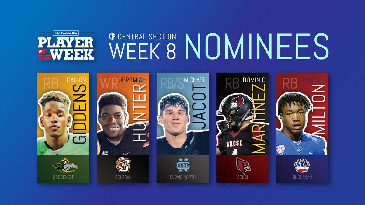 Here were the nominees for The Fresno Bee’s Player of the Week for Week 8 left to right: Roosevelt RB Daijon Giddens; Central WR Jeremiah Hunter; Clovis North RB/S Michael Jacot; Orosi RB Dominic Martinez and Buchanan RB Kendall Milton.