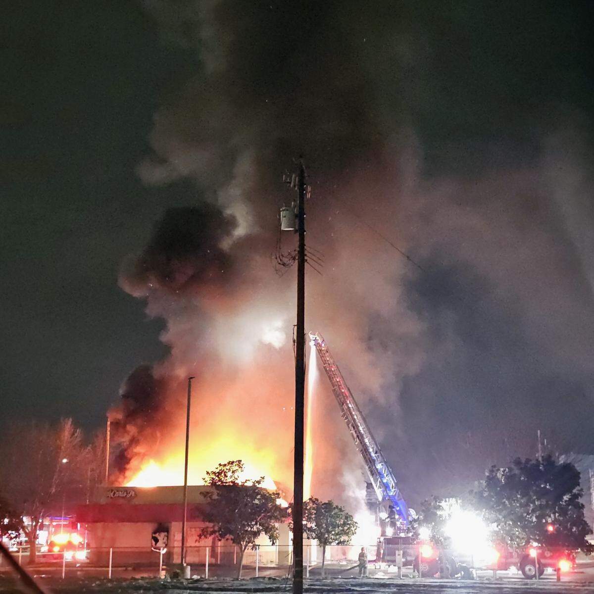 The old Carl’s Jr. at the corner of Blackstone and McKinley burned to the ground in a fire on Wednesday, Jan. 28, 2026.