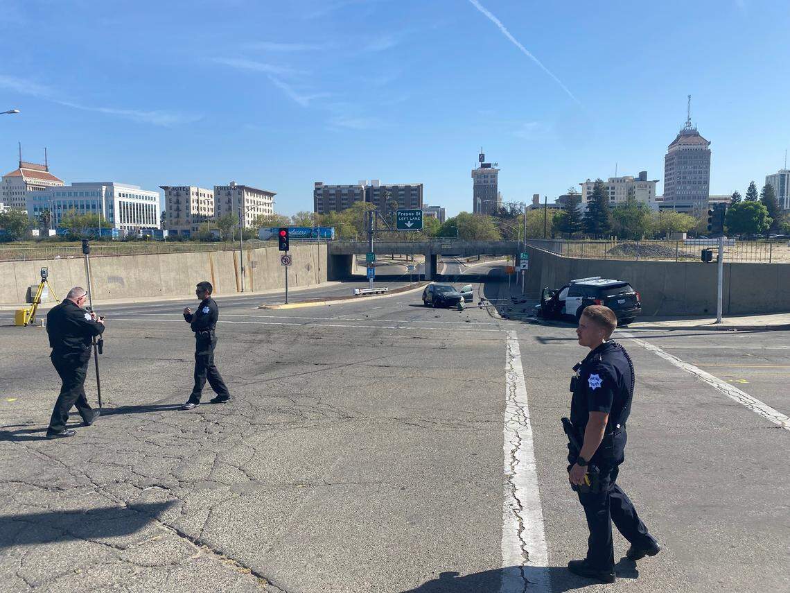 A Fresno police officer was involved in a crash with a Honda while responding to a call on Friday, April 14, 2023.