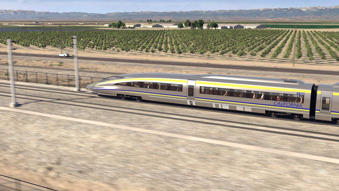 A rendering shows what a high-speed rail train could look like traveling through the Central Valley.