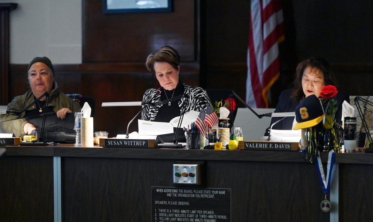 Fresno Unified School Board President Susan Wittrup, center, with members Viva Islas, left, and Valerie Davis, right, during a meeting Wednesday, May 1, 2024 in Fresno.