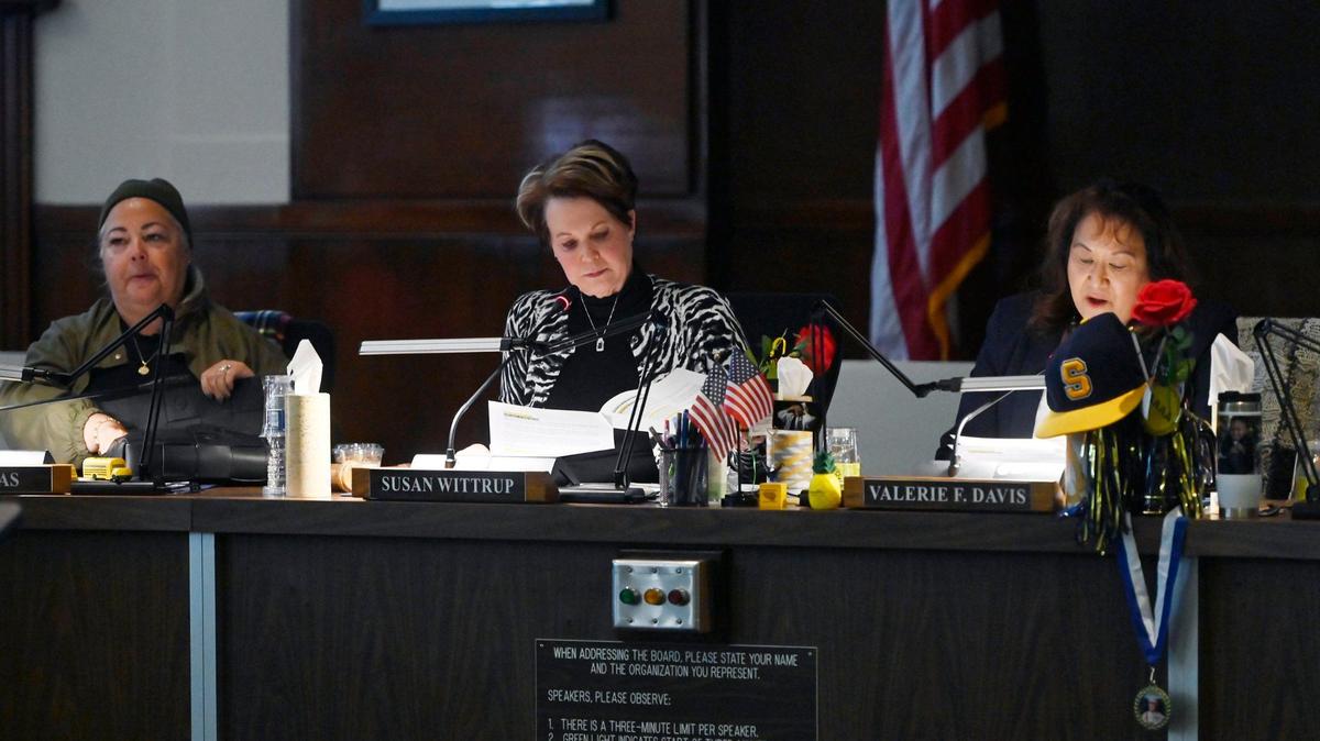 Fresno Unified School Board President Susan Wittrup, center, with members Viva Islas, left, and Valerie Davis, right, during a meeting Wednesday, May 1, 2024 in Fresno.