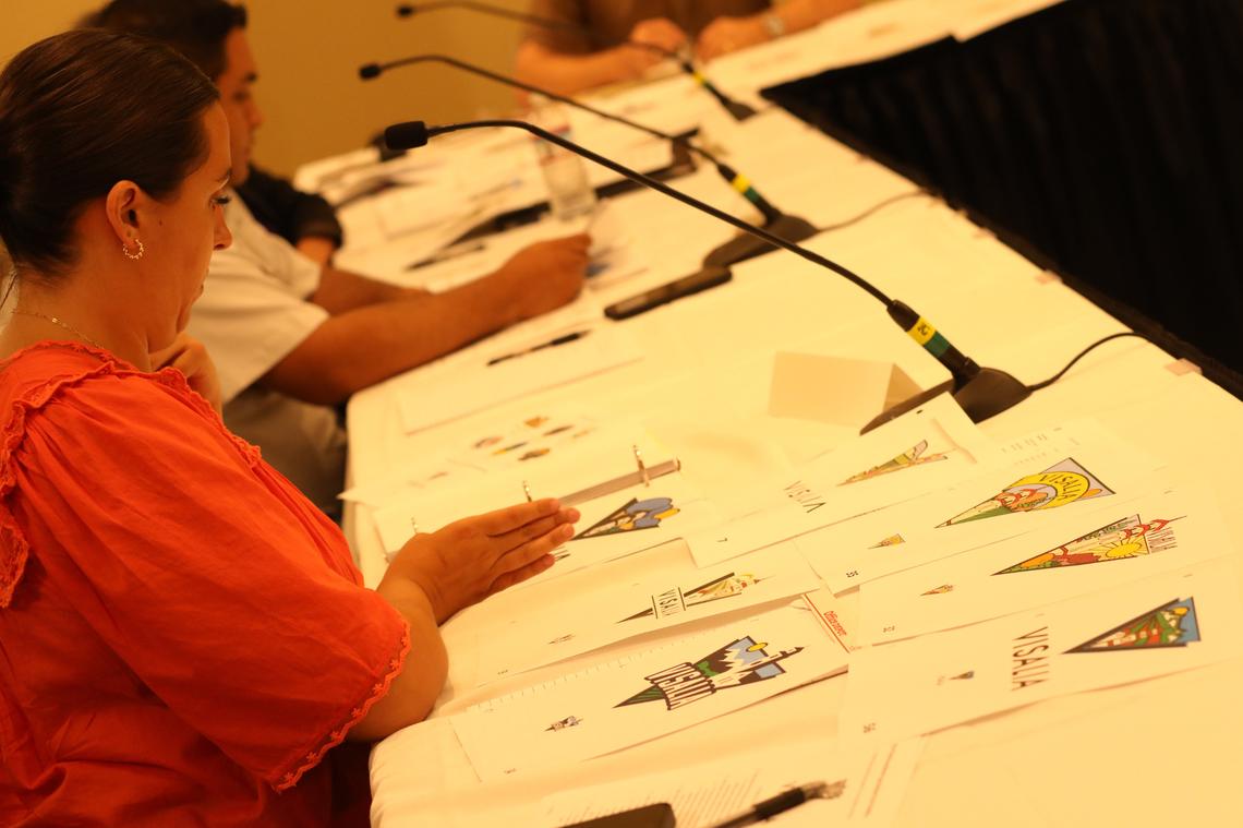 Visalia’s logo redesign committee members work on possible entries recommendations for the city council Monday night at the Visalia Convention Center.