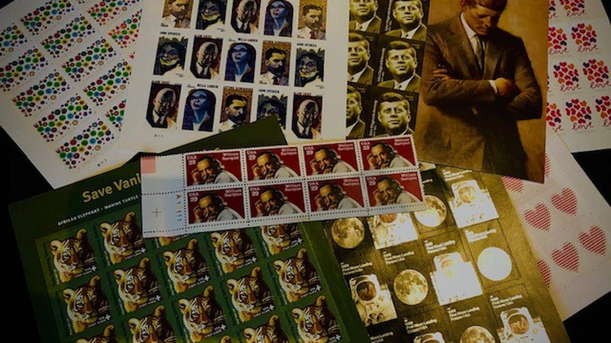 The postage stamps Armen Bacon has purchased for her letters project.