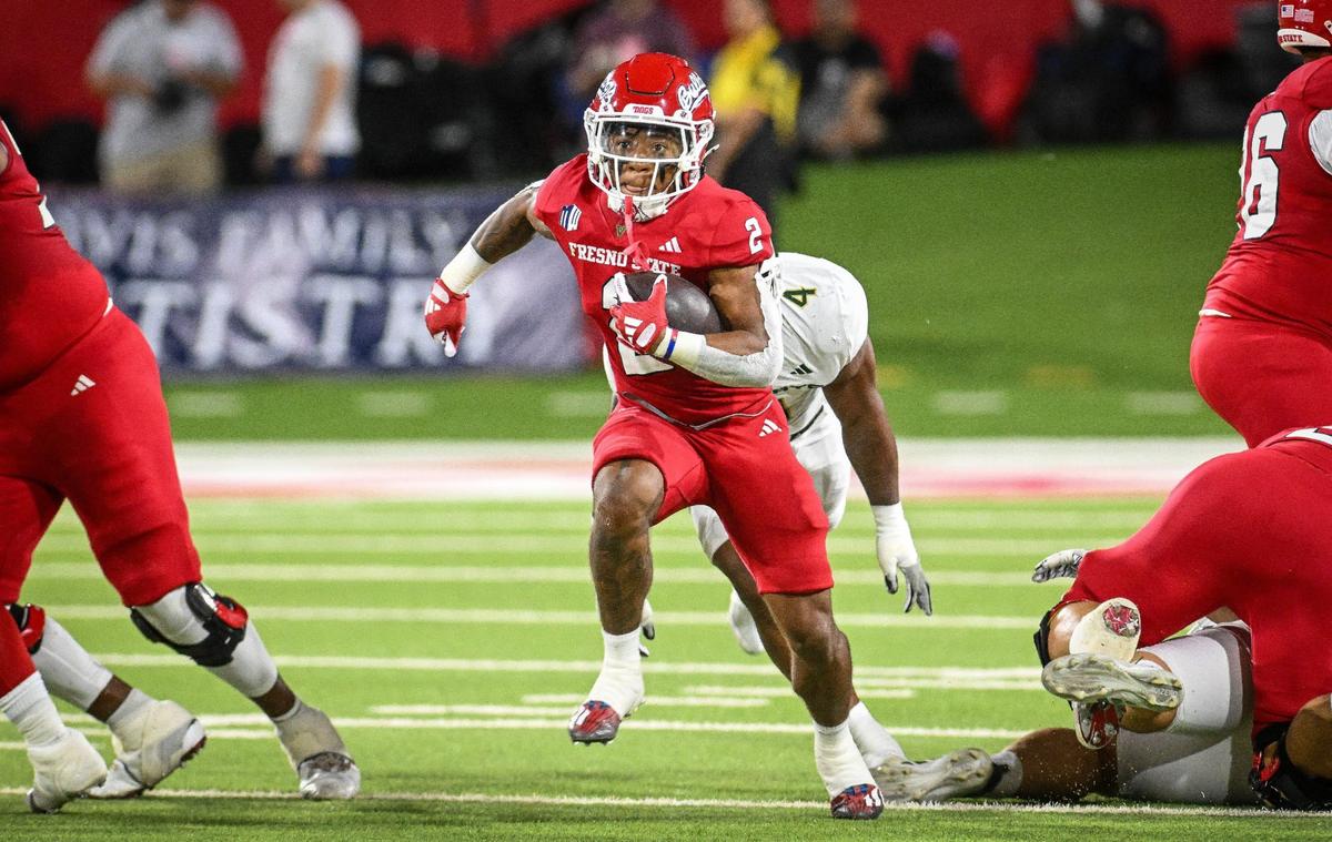 Fresno State running back Malik Sherrod finds a hole up the middle on a run during their game against Sacramento State at Valley Children’s Stadium on Saturday, Sept. 7, 2024.