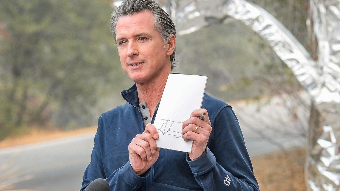 California Governor Gavin Newsom holds up his signature after signing a $15 billion climate change package during a visit to Sequoia National Park in 2021. Since then, Newsom has chosen performative gimmicks over the hard work of reducing emissions.