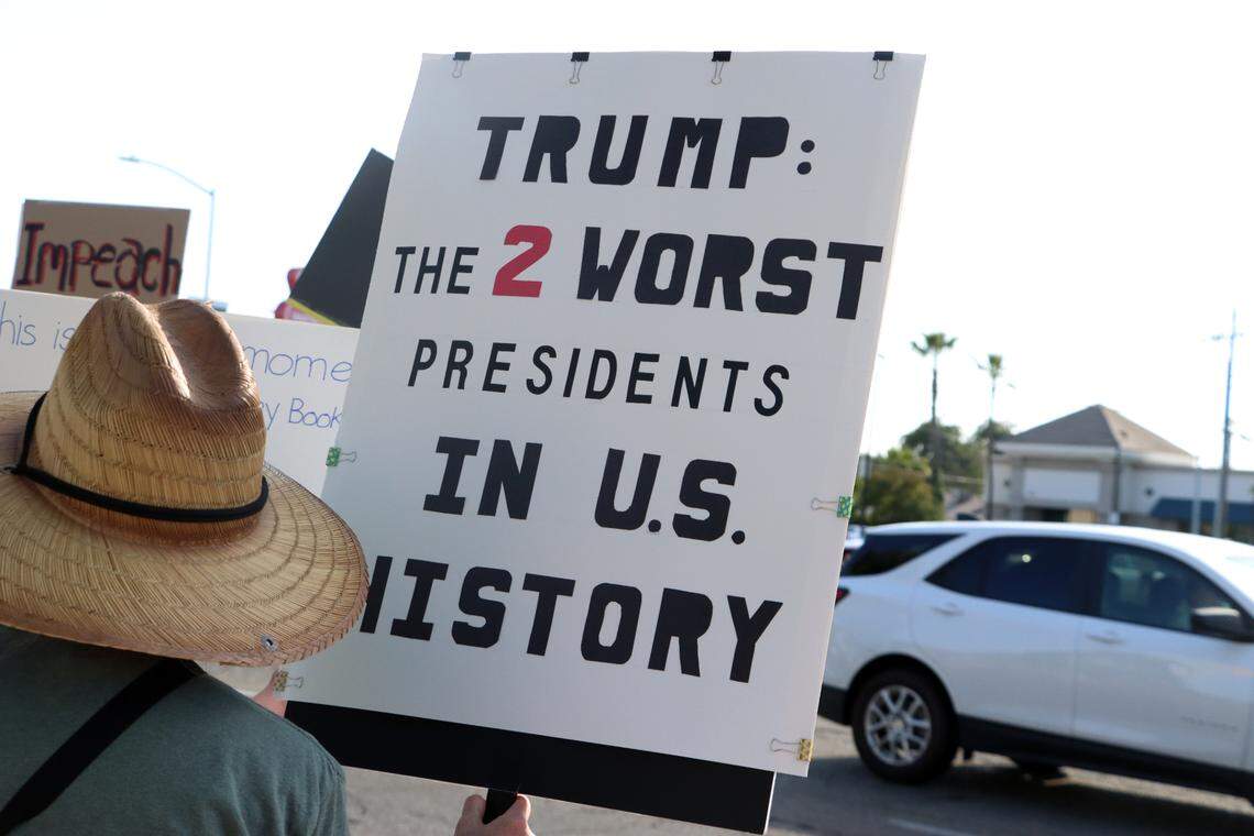 Several hundred protesters showed up on Blackstone near Alluvial in northeast Fresno to voice their opposition to various Trump administration actions on May 1, 2025.