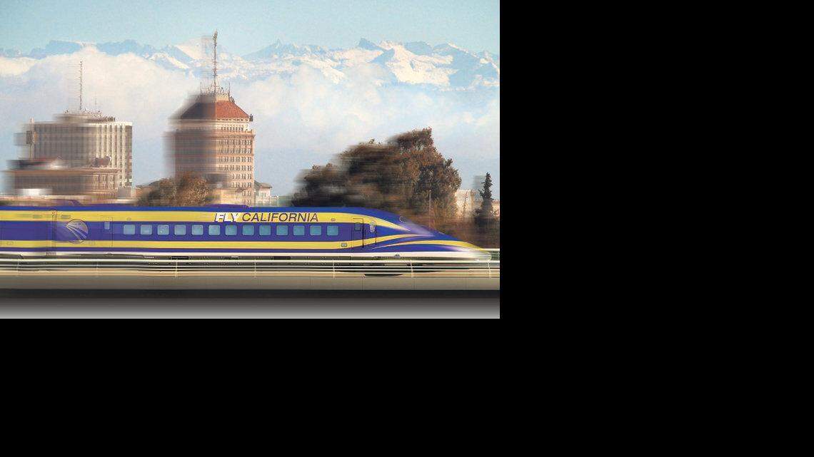 An artist's depiction of a high-speed rail train zooming past downtown Fresno.