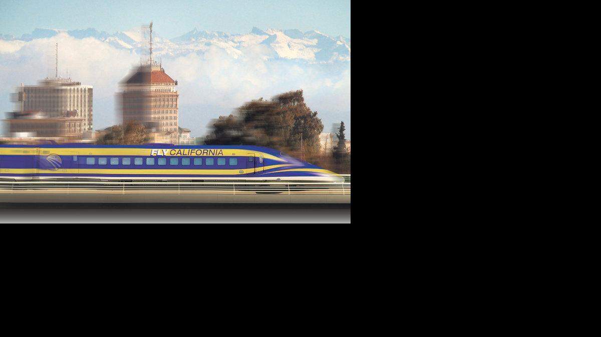 An artist's depiction of a high-speed rail train zooming past downtown Fresno.