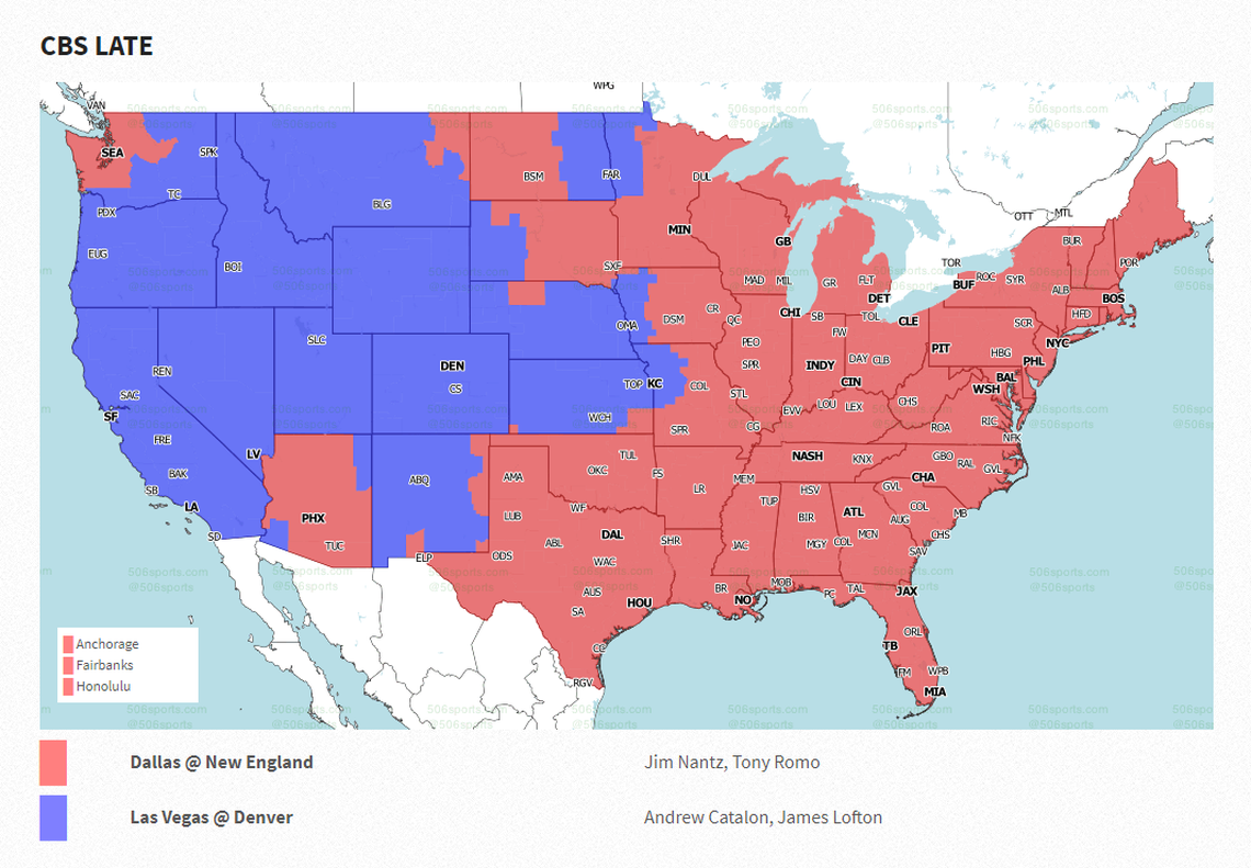 506 Sports coverage map of the Las Vegas Raiders and Denver Broncos for Sunday, Oct. 17, 2021.