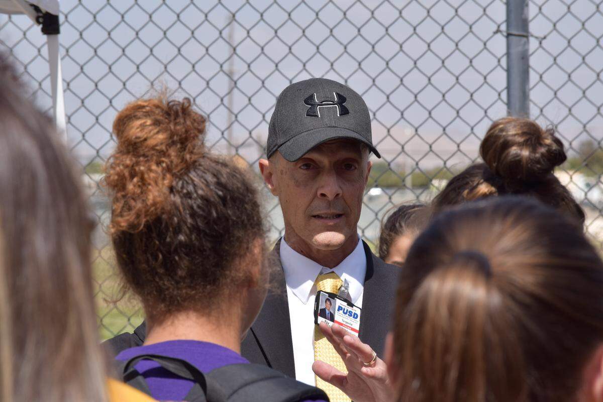 Principal Joe Santos talks to students at Porterville Unified in 2016. Santos died Sept. 1, 2018.