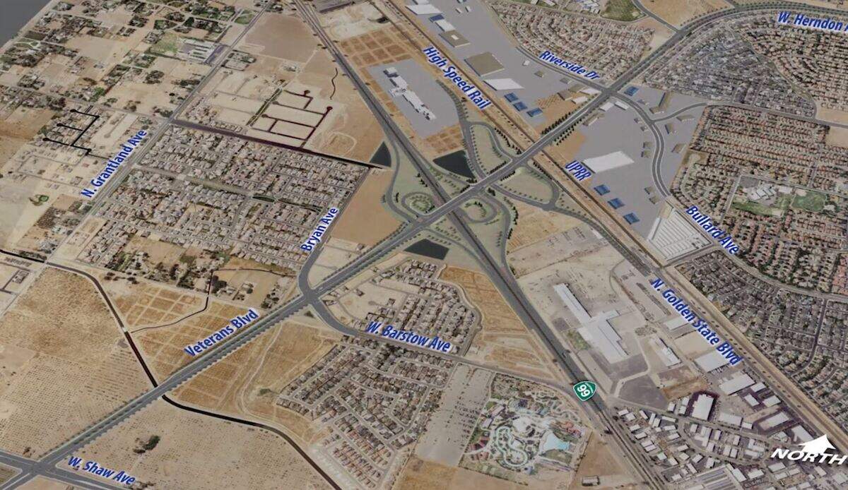 An aerial view from a city of Fresno video shows the extent of the Veterans Boulevard project in northwest Fresno, including a new Highway 99 interchange.