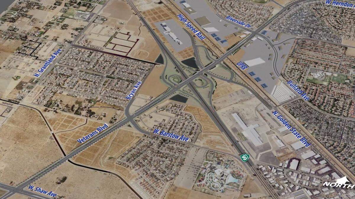 An aerial view from a city of Fresno video shows the extent of the Veterans Boulevard project in northwest Fresno, including a new Highway 99 interchange.