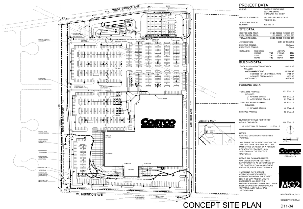 A site plan shows the layout of the Costco center proposed for construction on Herndon Avenue and Riverside Drive in northwest Fresno