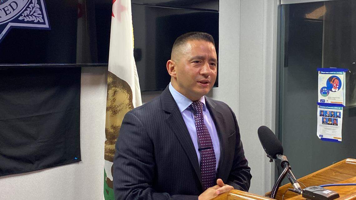 Lt. Paul Cervantes, the new commander of the Street Violence Bureau, talks to reporters on Monday, Feb. 7, 2022.