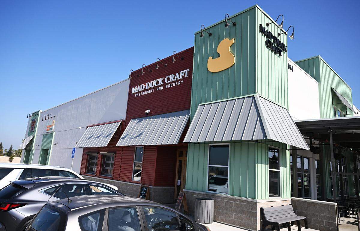 Mad Duck Craft Restaurant and Brewing is seen along Copper Avenue, Wednesday, Feb. 4, 2026 in Fresno. The Golden Hour Cocktail Lounge and Maple & Copper Distilling Company are seen at the far left.