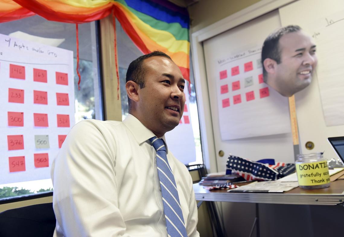 Andrew Janz chats with staff at his campaign headquarters Tuesday afternoon, June 5, 2018 in Fresno.