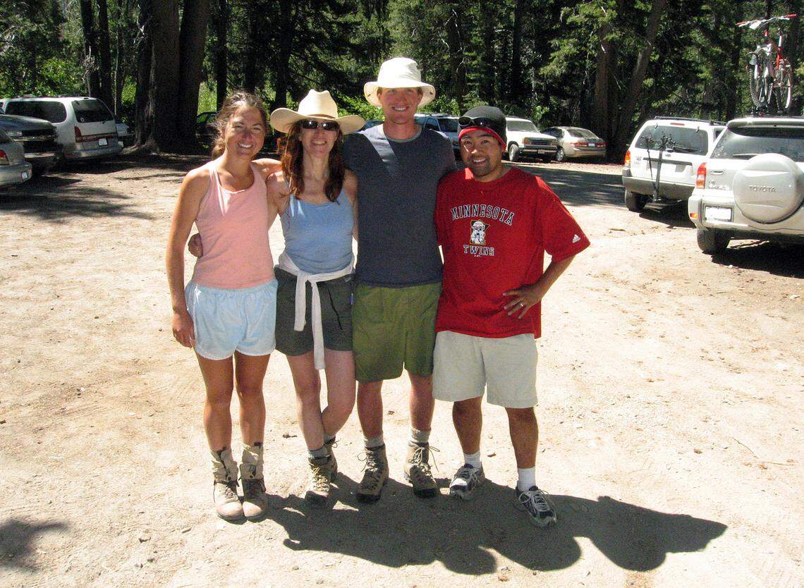 Hiking the John Muir Trail in the southern Sierra were Emily Franciskovich, left, Diana Marcum, Jim Hurley and Darrell Wong. This photo was taken after they came off the trail at the Agnew Meadow trailhead on Aug. 15, 2006.