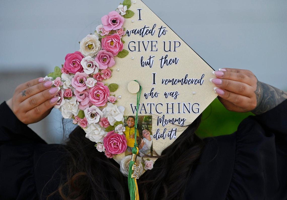 Madera Community College graduate Vanessa Barraza’s cap is designed with the encouragement she needed to succeed. Photographed Tuesday, May 28, 2024 in Madera.
