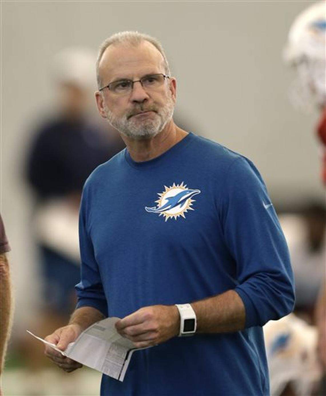 Miami Dolphins defensive coordinator Kevin Coyle watches as he walks on the field during NFL football practice Wednesday, Oct. 7, 2015, in Davie, Fla. (AP Photo/Alan Diaz)