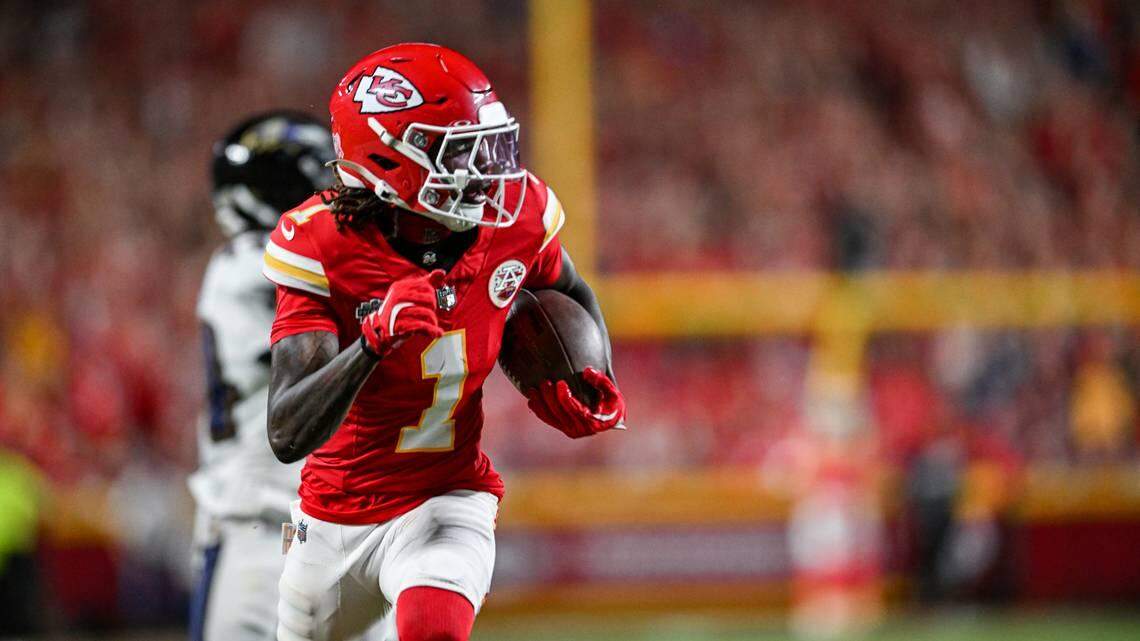 Kansas City Chiefs wide receiver Xavier Worthy runs in for a touchdown after making a catch in the fourth quarter against the Baltimore Ravens Thursday, Sept. 5, 2024, at GEHA Field at Arrowhead Stadium.
