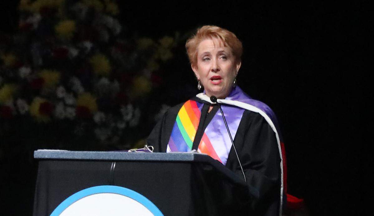 Fresno High School Principal Linda Laettner spoke to the Class of 2022 during graduation ceremony June 8, 2022 at the Save Mart Center.