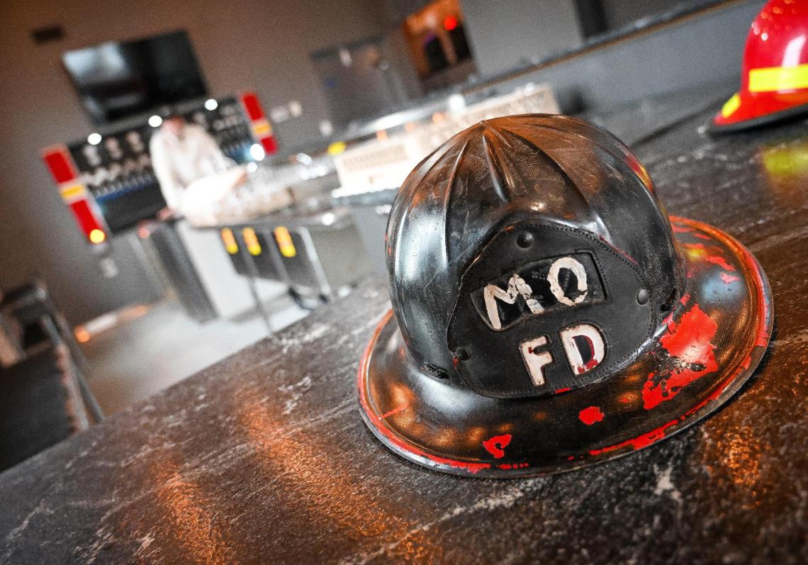 An old firefighter’s helmet sits on the bar at Station 48, a beer and wine taproom that is opening inside an old fire station in downtown Fowler.
