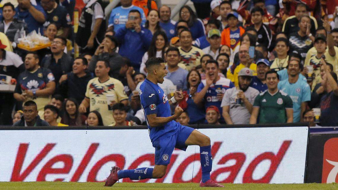 Cruz Azul’s Oberlin Pineda celebrates his goal against America during a Mexican soccer league match at Azteca Stadium in Mexico City, Saturday, Oct. 5, 2019.