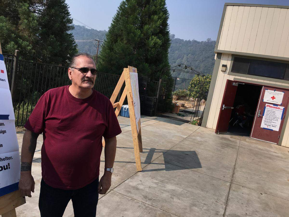 Richard Bernard, 65, visited the Mariposa Elementary School evacuation center, set up by the Red Cross, on Friday July 27, 2018. Bernard planned to stay there with his family after leaving his home due to the Ferguson Fire.
