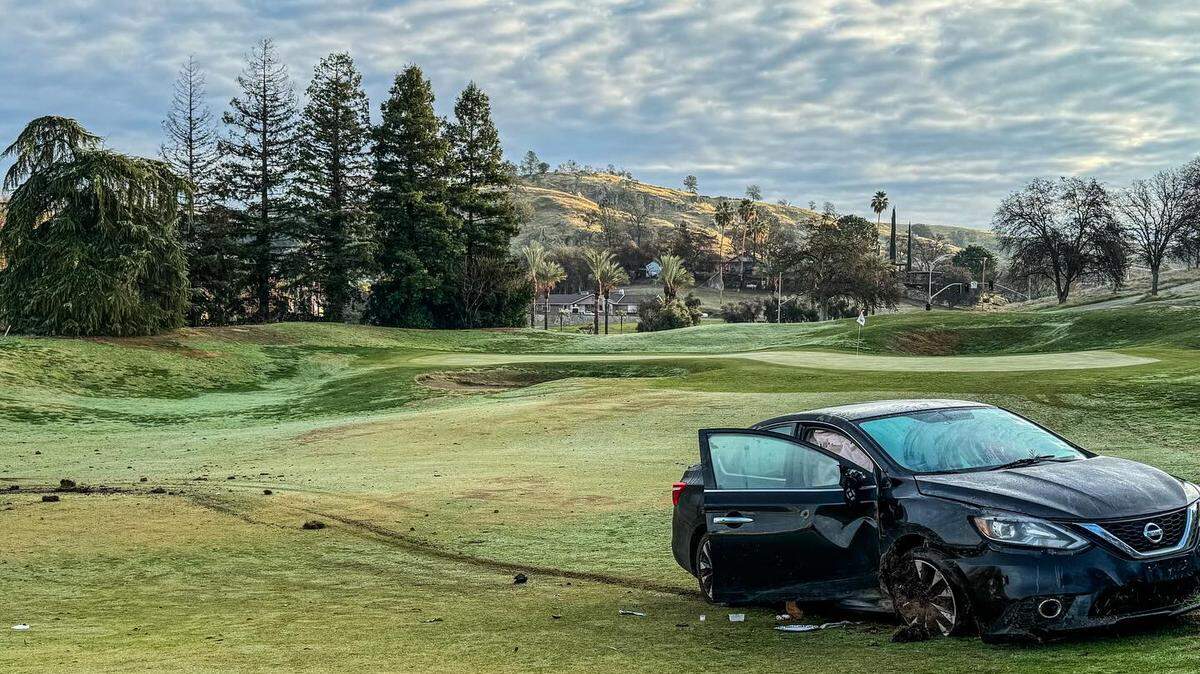 A car ended up on the eighth hole of the Eagle Springs Golf Club after missing a stop sign at Sky Harbor Road in Fresno.