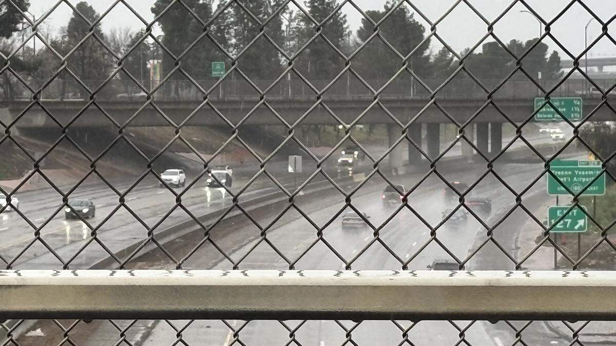 Rain can be seen on Highway 41 in Fresno, California on Monday, Feb. 16, 2026.