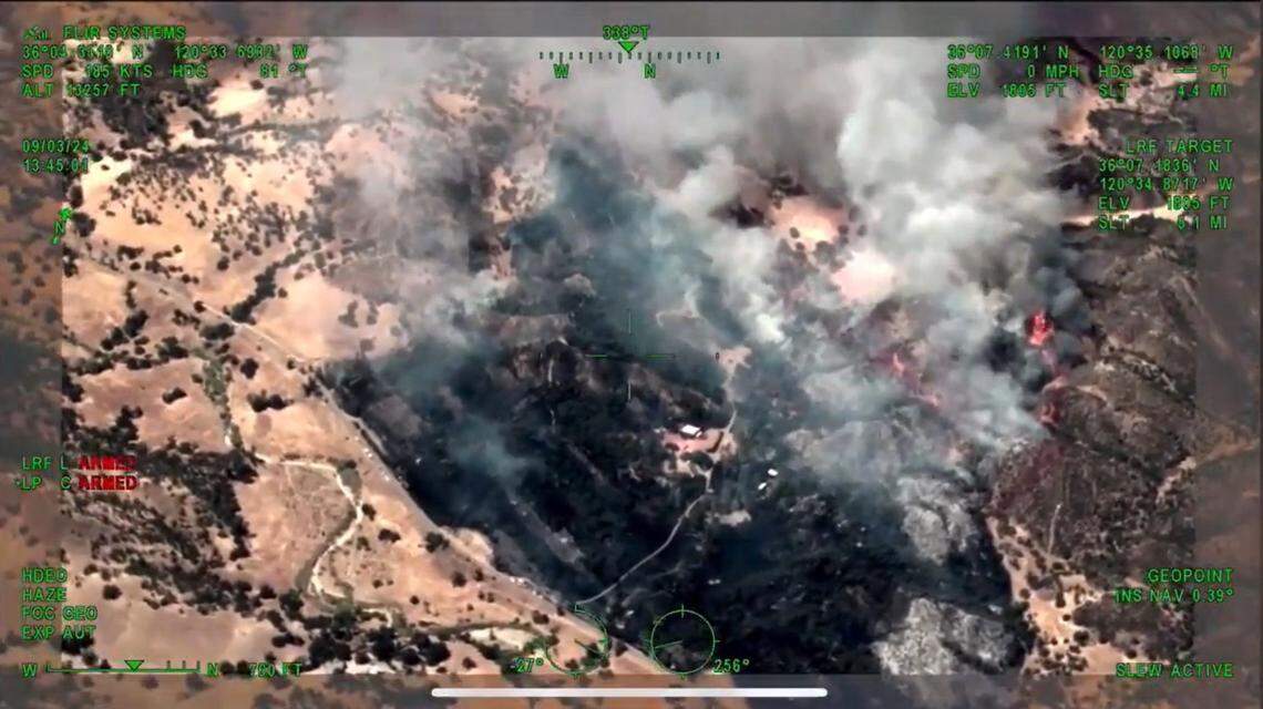 An image from a Fresno County Sheriff’s Office helicopter shows damage on Tuesday, Sept. 3, 2024, from the Boone Fire west of Coalinga.