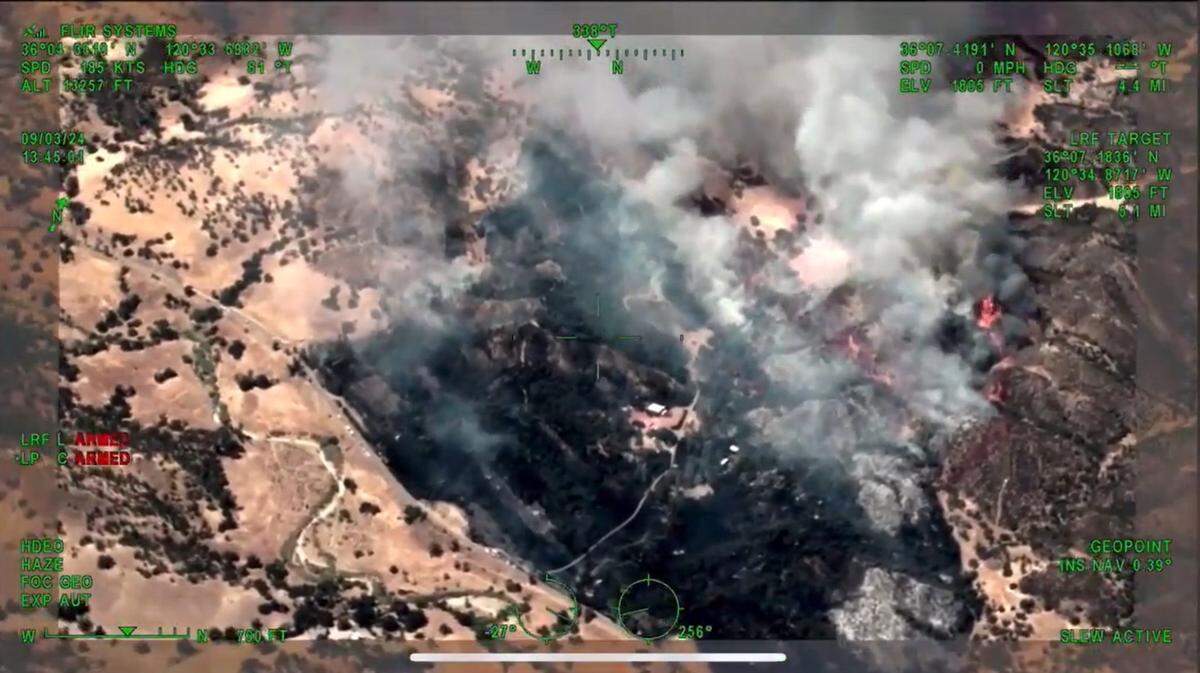 An image from a Fresno County Sheriff’s Office helicopter shows damage on Tuesday, Sept. 3, 2024, from the Boone Fire west of Coalinga.