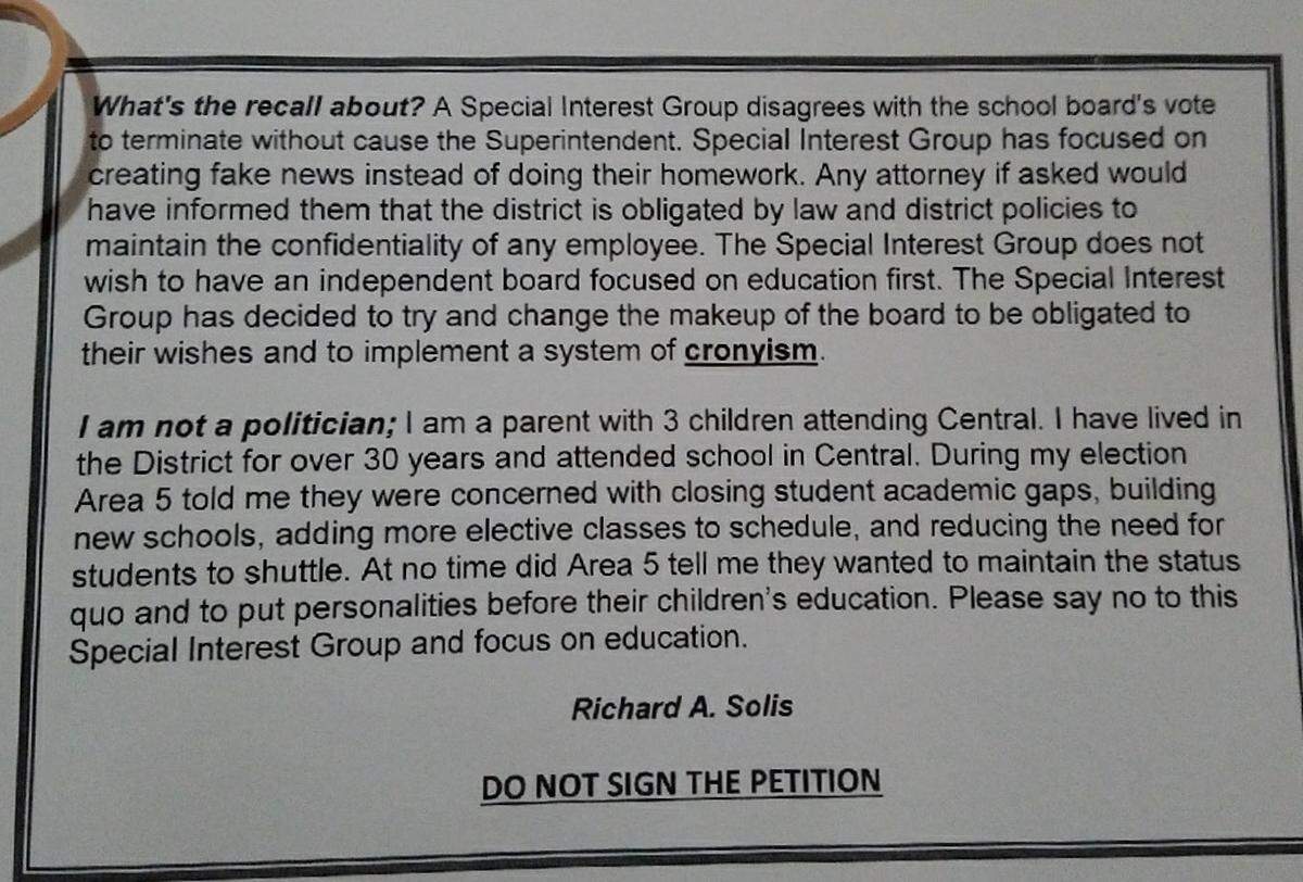 Part of the flyer sent to voters in the Central Unified school district.
