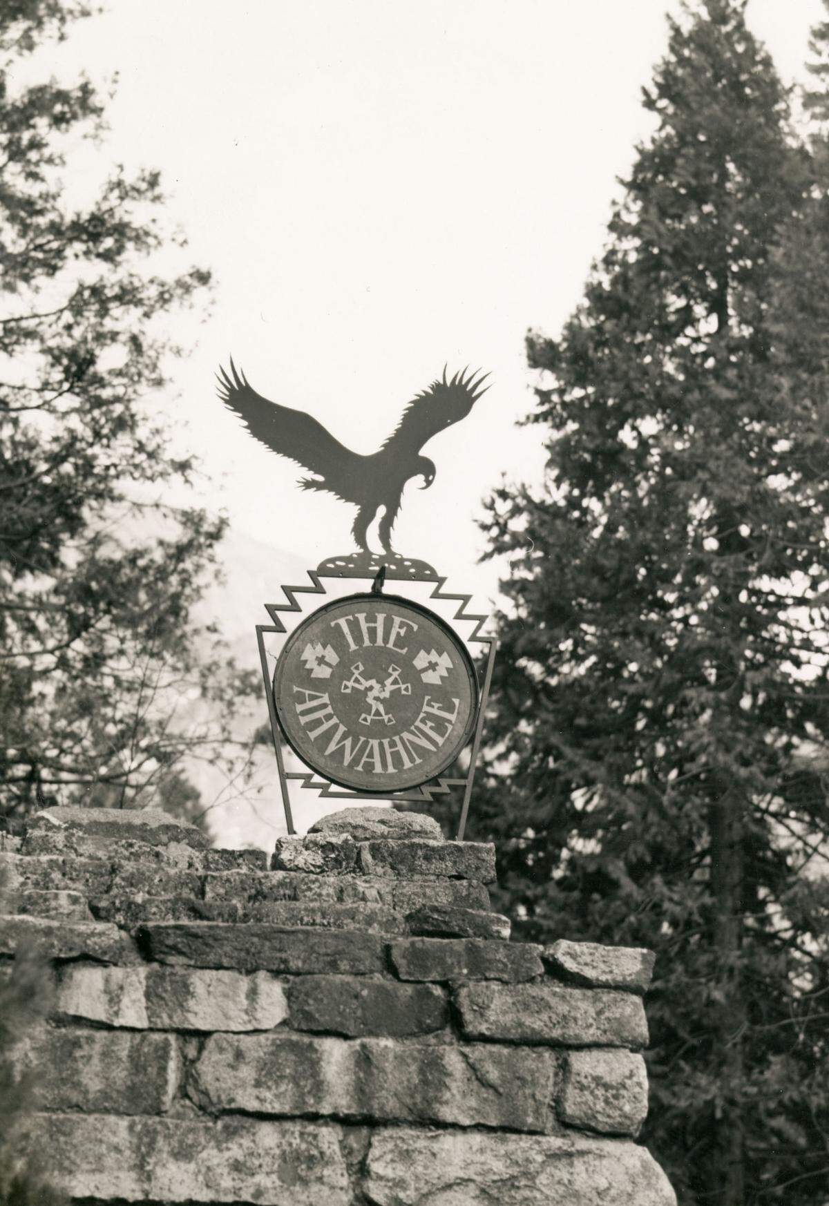 The original welcome sign for The Ahwahnee on the hotel’s historic gatehouse.