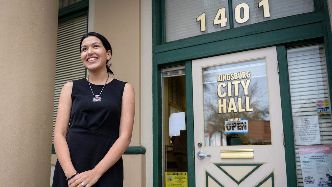 Kingsburg City Councilmember Jewel Hurtado stands outside Kingsburg City Hall in a file photo. On May 19, 2021, Hurtado asked the City Council to approve her request to recognize LGBTQ+ Pride Month, which is typically commemorated in June in many cities. The other four members of the council said while they support the LGBTQ+ community, they felt recognizing the month and flying the Pride Progress flag at City Hall was unacceptable.