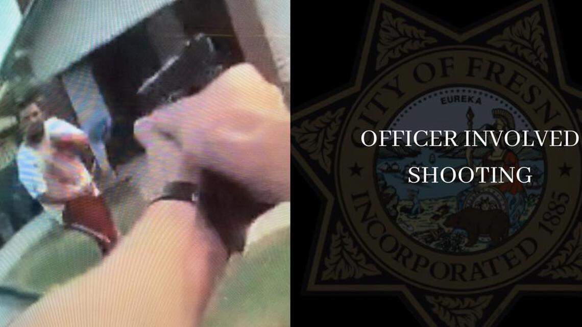 In this image provided by the Fresno Police Department, a man said to be armed with a 6- to 7-inch kitchen knife after saying he had stabbed his mother, approaches officers before they opened fire and wounded the suspect.