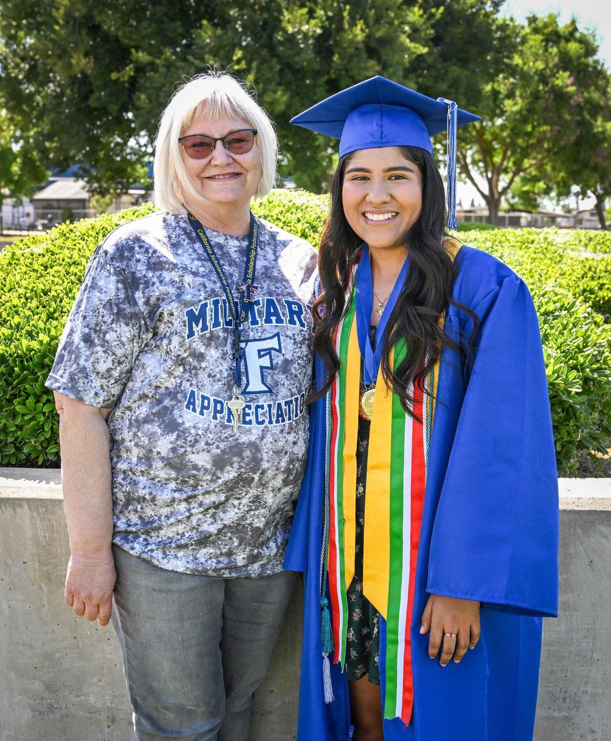 Anasol Martínez-García, a Farmersville High School Horatio Alger scholarship recipient, is photographed with her business and AVID teacher Lisa Preheim at the school on Tuesday, May 21, 2024.