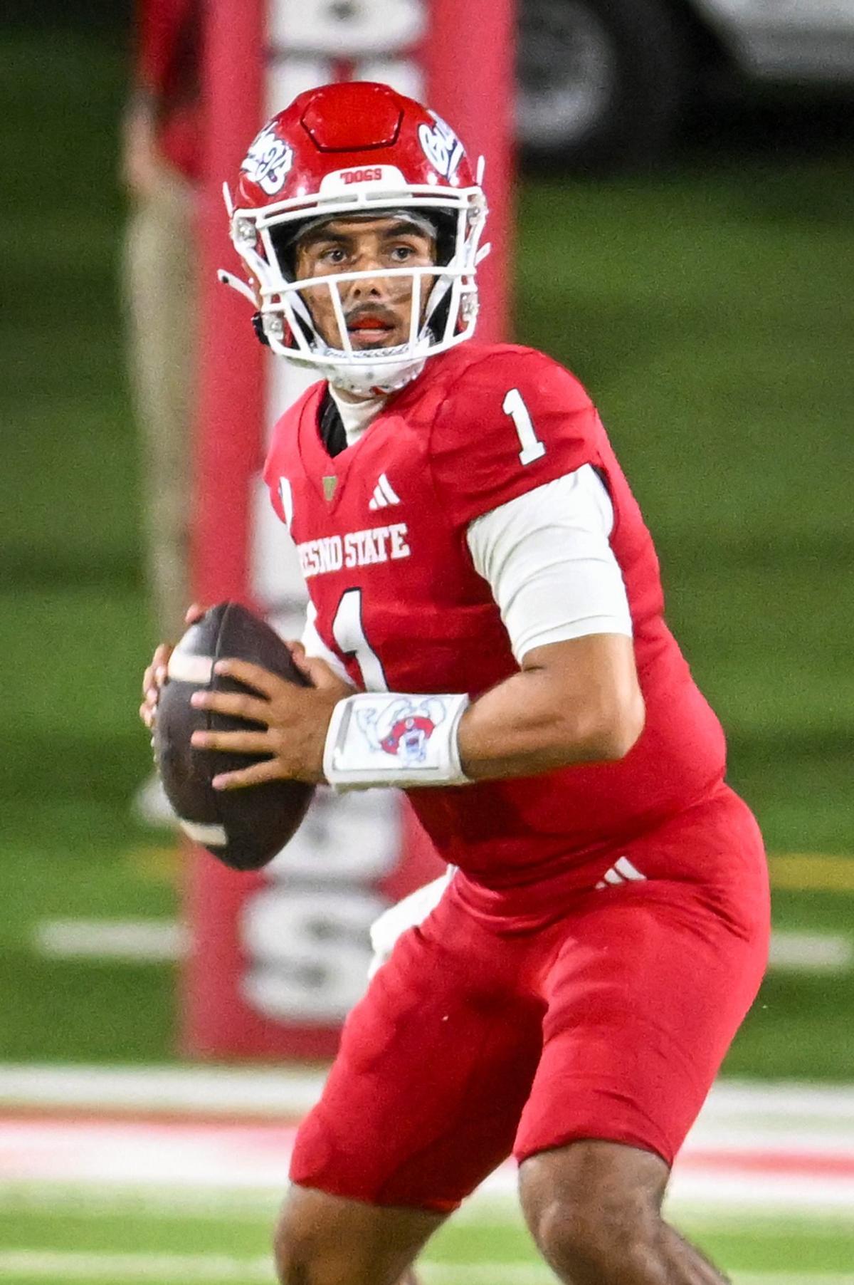 Fresno State quarterback Mikey Keene looks to throw against Sacramento State at Valley Children’s Stadium in Fresno on Saturday, Sept. 7, 2024.