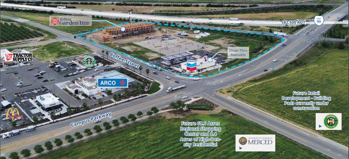 A diagram showing the Campus Parkway Plaza development at Highway 99 and Campus Parkway in Merced.