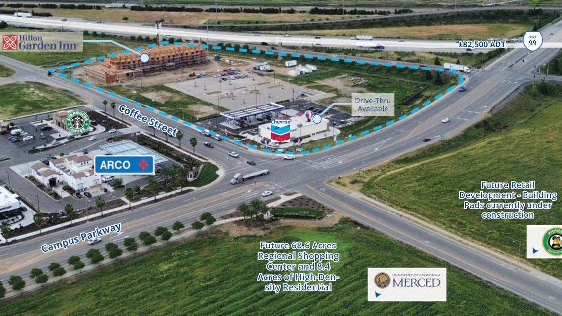 A diagram showing the Campus Parkway Plaza development at Highway 99 and Campus Parkway in Merced.