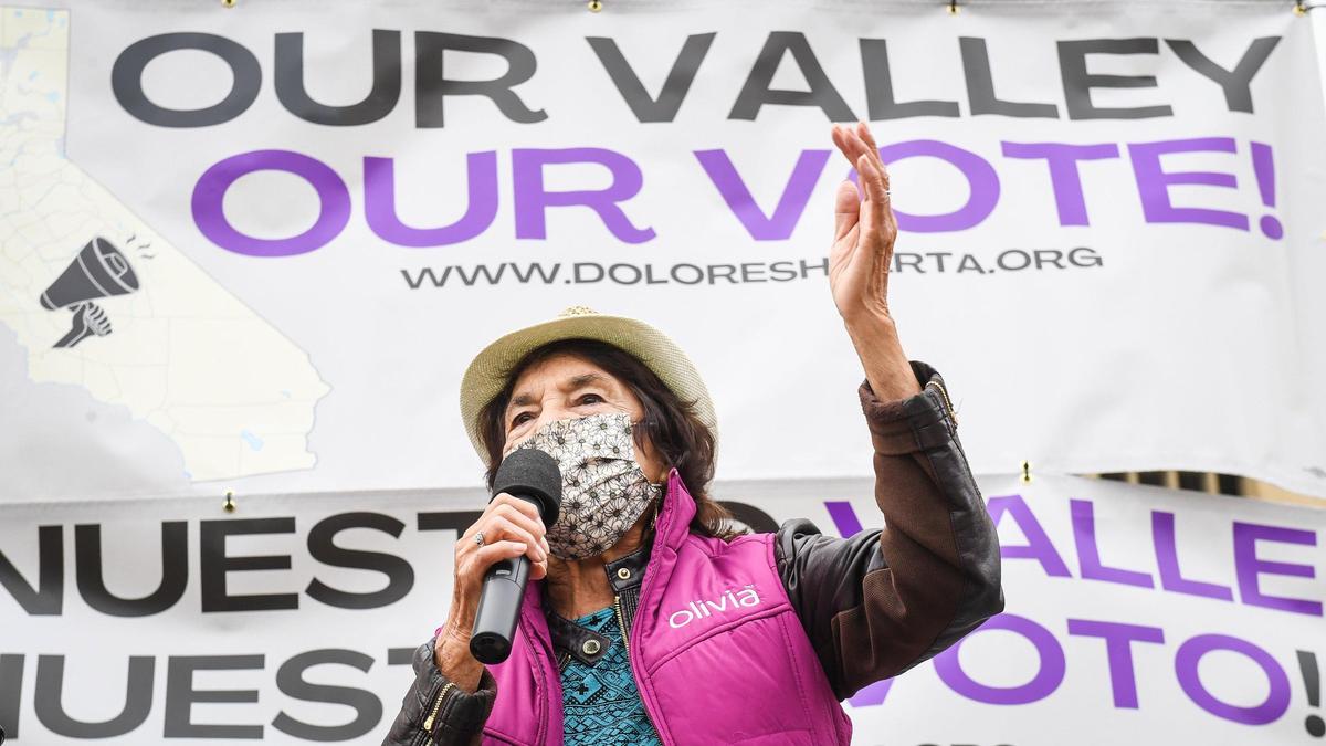 Civil rights activist Dolores Huerta speaks at the Fresno County Courthouse demanding fairness in redistricting following a solidarity march Saturday, Dec. 4, 2021, through downtown Fresno.