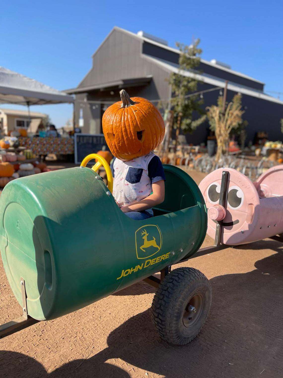 A child with a pumpkin on his head rides a toy tractor at Sweet Thistle Farms and Rocky Oaks Goat Creamery in Clovis.
