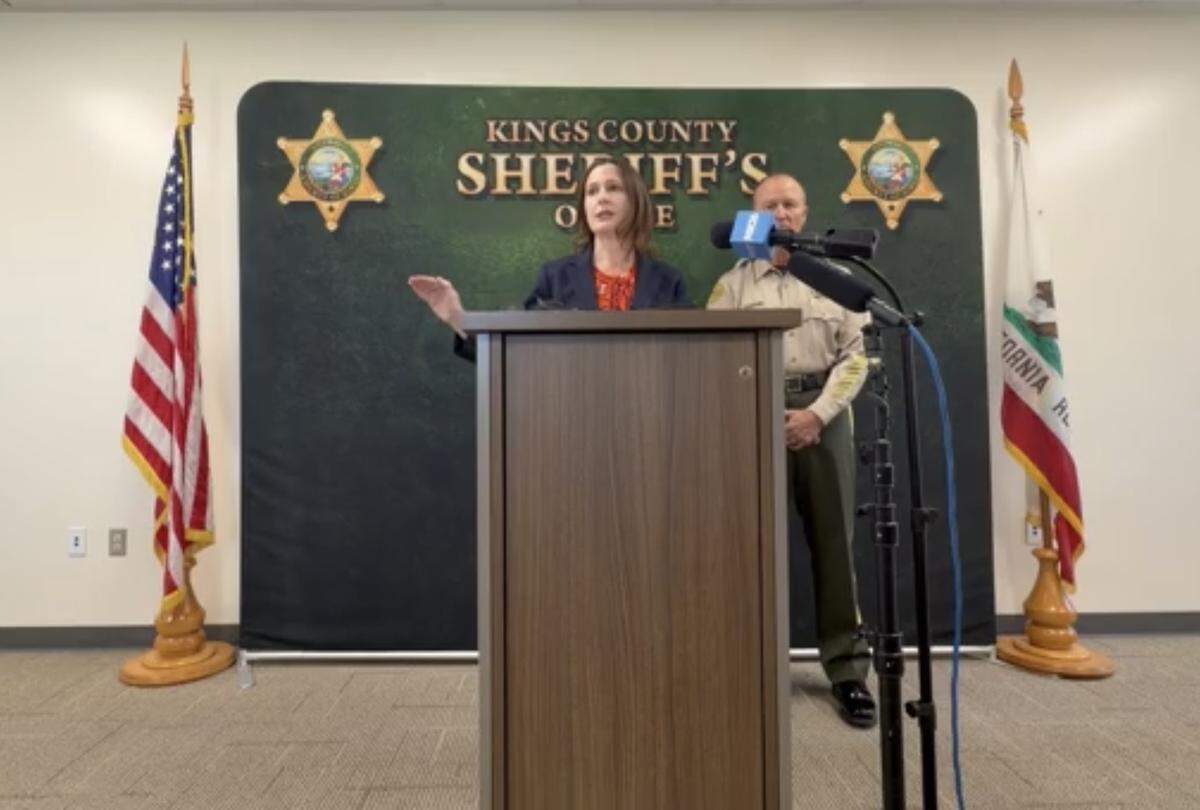 Kings County District Attorney Sarah Hacker speaks at a press conference Friday regarding the lack of a legal quorum on the Avenal City Council.