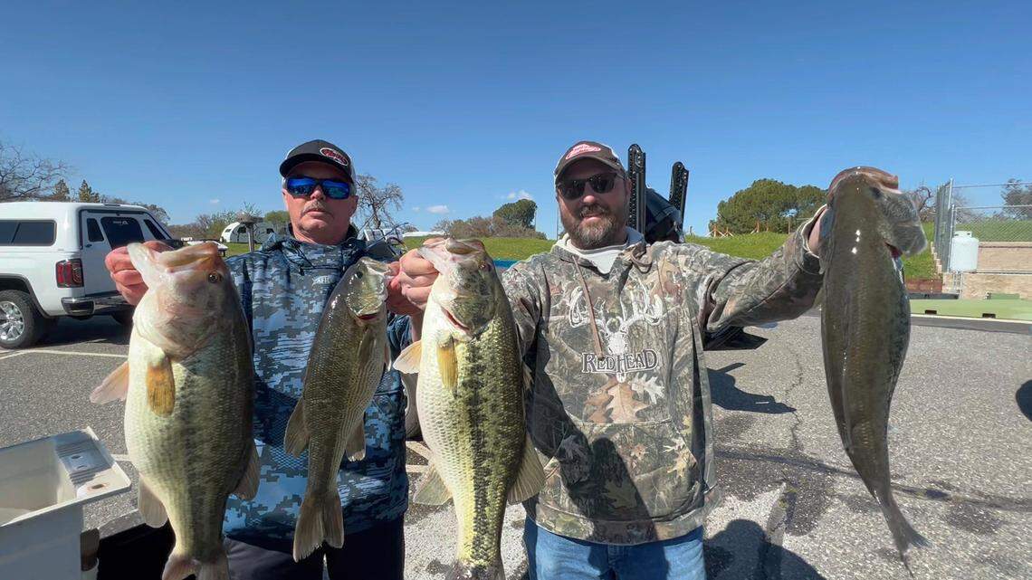 Jeff Eddings and Eladio Garcia show off their winning 19.52-pound stringer (including the 6.08-pound tournament Big Fish) from the Christian Bass League tournament March 25 at Lake Tulloch.