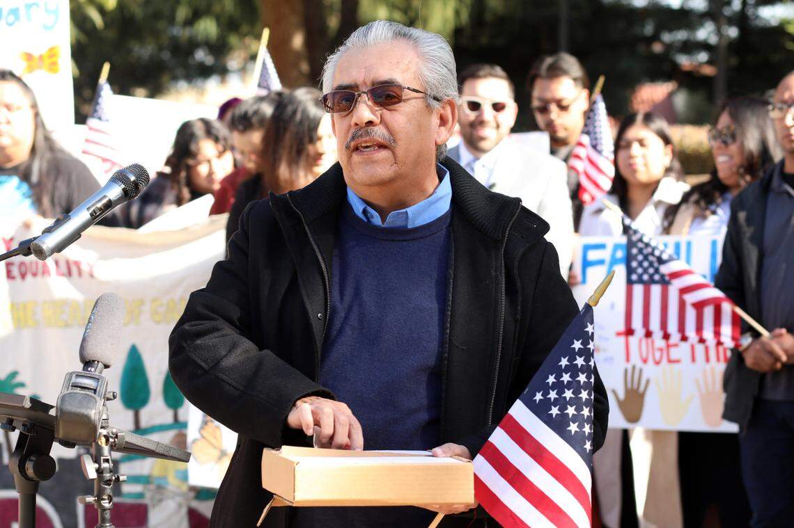 A broad coalition of immigrant rights, legal and community organizations during a press conference at the Federal Building in downtown Fresno on Nov. 8, 2024, to share their reactions to election outcomes as well as commitments to protect vulnerable communities. The coalition talked about their plans to continue seeking humane, inclusive, and permanent immigration solutions under the new administration. Pictured Jesús Martínez, executive director of Central Valley Immigrant Integration Collaborative.