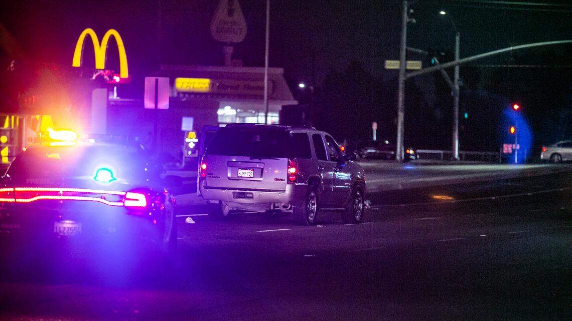 Vehicle stopped in the middle of Blackstone Avenue after striking a pedestrian crossing the street Sunday, Aug. 22, 2021.